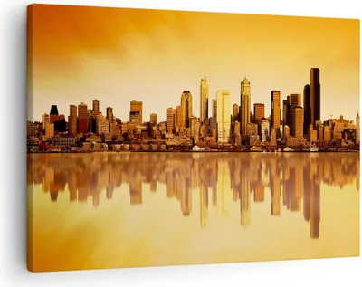 Produktbild von Bild auf Leinwand - Leinwandbild - Stadt Wolkenkratzer Wasser - 70x50cm - Wand Bild - Wanddeko - Leinwanddruck - Bilder - Kunstdruck - Wanddekoration - Leinwand bilder - Wandkunst - AA70x50-0118