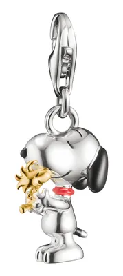 A silver charm of Snoopy holding Woodstock.