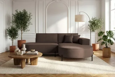 Produktbild von Ecksofa 3-Sitzer im Loft-Stil, Skandi-Design – L-Form, Ecke Rechts – Hohe Metallfüße – inkl. Dekokissen, Cordstoff Chenille – Dunkelbraun