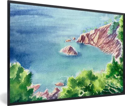 Produktbild von MuchoWow® MuchoWow® Gerahmtes Poster Meer - Berge - Wald 60x40 cm - Poster mit zchwarzem Bilderrahmen - Printing - Wanddeko Schlafzimmer