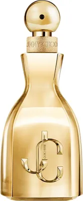 A studio shot of a gold perfume bottle.