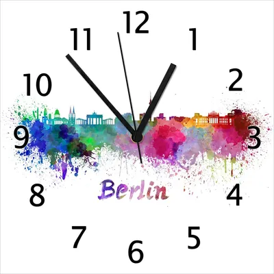 Produktbild von Wallario Design Wanduhr Städte als Aquarell - Skyline von Berlin aus Echtglas, Größe 30 x 30 cm