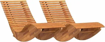 Productafbeelding van Set van 2 tuinligbedden van acaciahout, wiegstoel met verstelbare rugleuning, schommelstoel voor tuin en terras, massief hout, bruin, 154 x 60 x 74 cm