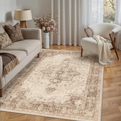 Image de Tapis de salon vintage, couleur marron, 120x170 cm, lavable, rectangulaire, en polyester