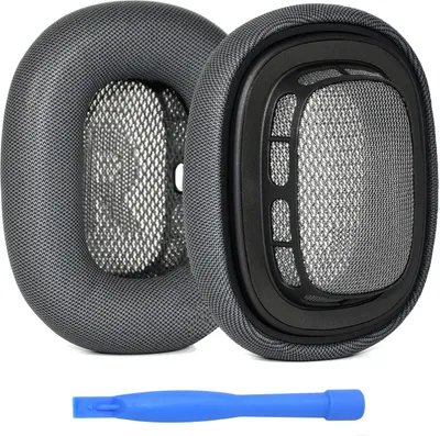 Two replacement ear pads for headphones and a blue plastic tool.