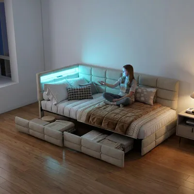 Produktbild von ProximaX Polsterbett 90x200cm Beige Leinen, L-förmiges Kopfteil mit LED-Beleuchtung & USB-Ladestation, 2 Schubladen, Lattenrost, Modernes Schlafzimmermöbel