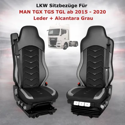 Zdjęcie produktu dla Pokrowce na siedzenia do ciężarówek 1+1, skóra + Alcantara, do samochodów MAN TGX, TGS, TGL, produkowanych w latach 2015-2020, kolor: szary