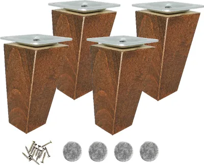 Four wooden furniture legs with metal plates and screws, along with felt pads, are displayed against a white background.