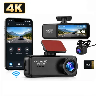 Produktbild von 4K Dashcam Auto Vorne Hinten, 2 Sensor 4K+1080P Dual Kamera, Autokamera mit 64 GB SD Karte, WiFi,1.97" IPS Bildschirm,Super Nachtsicht