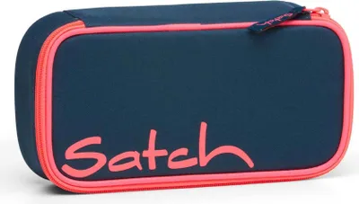 A navy blue pencil case with pink trim and lettering.