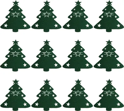 A grid of twelve green Christmas tree-shaped cutlery holders, each decorated with white stars.