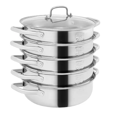 A stack of stainless steel pots with a glass lid.