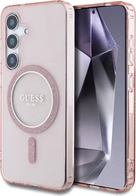 A pink phone case with a glitter circle and the GUESS logo is shown next to a smartphone.