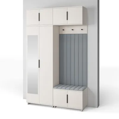 Produktbild von Garderoben-Set Napoli Version 11: Kleiderschrank mit Polsterpaneelen, Schuhschrank und Schrankaufsatz Flur und Eingangsbereich (Cashmere/Trinity 14)