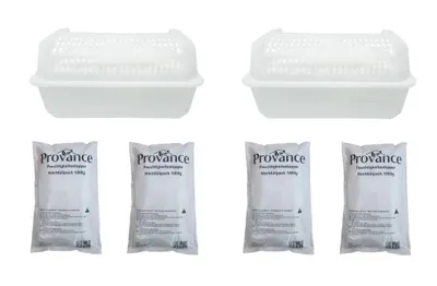Two white dehumidifier boxes and four bags of desiccant granules.