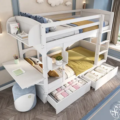 Produktbild von STILVORA Etagenbett 90x200cm Jugendbett mit klappbarem Schreibtisch und Regal, Hochbett mit Rausfallschutz&Lattenrost und 2 Schubladen,weiß(ohne Matratze)