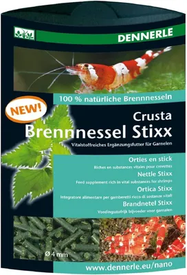 Produktbild von Dennerle Crusta Brennnessel Stixx, Trockenfutter für Garnelen, Pellet, Süßwassergarnelen