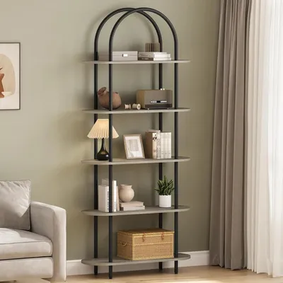 Produktbild von Bücherregal - 5-stufiges Standregal - Bogenförmiges Design - Metallrahmen - Modernes offenes Regal - Für Wohnzimmer Schlafzimmer Büro - Schwarz/Grau