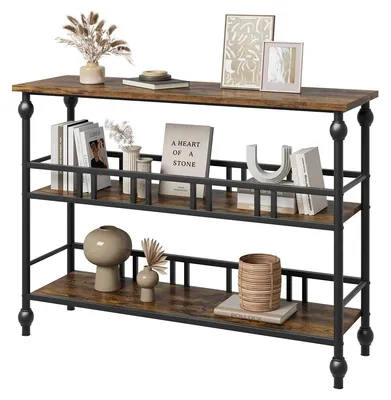 Immagine prodotto di Tavolino consolle stretto - Tavolino laterale a 3 ripiani - Ideale per l'ingresso o dietro il divano - Con ripiani portaoggetti - Realizzato in legno e metallo - Dimensioni: 110x30x80 cm - Colore: marrone vintage