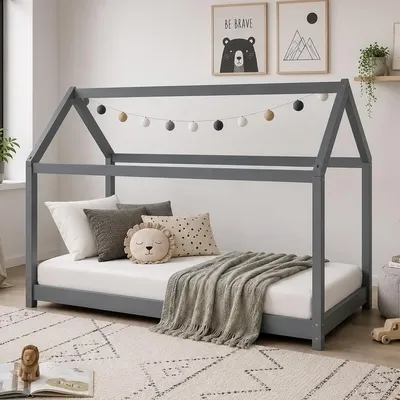 Produktbild von Homestyle4u Kinderbett 90x200 mit Lattenrost Kinder Haus Holz Kiefer Grau Hausbett
