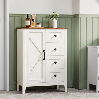 Produktbild von VASAGLE LIRY Kollektion - Aufbewahrungsschrank, Badezimmerschrank im Landhausstil, mit 4 Schubladen, Tür, freistehender Schrank, verstellbare Ablagen