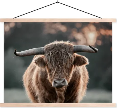 Produktbild von MuchoWow® Textilposter Schottisches Hochlandrind - Kuh - Natur 120x90 cm mit holzfarbenen Rahmen - Magnetisch