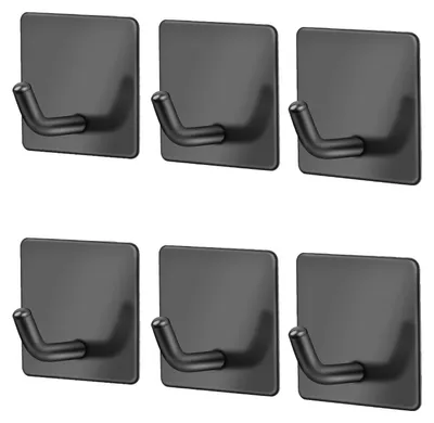 Produktbild von Handtuchhaken, 6 Stück, selbstklebend, schwarze Haken, selbstklebende Haken, kein Bohren erforderlich, Handtuchhalter, Kleiderhaken, Wandhaken, Bademantelhaken und Badezimmerhaken