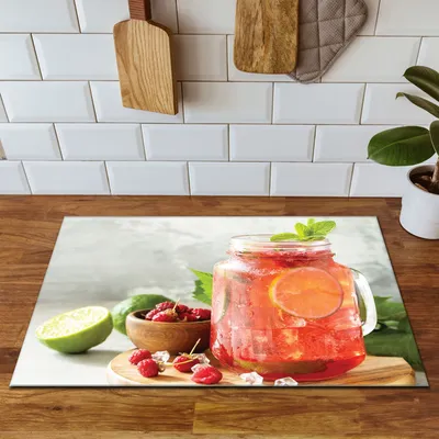 Produktbild von DarHaus Herdabdeckplatte 70x52 cm Anti Rutsch Matte Aufrollbar, Wasser - Obst