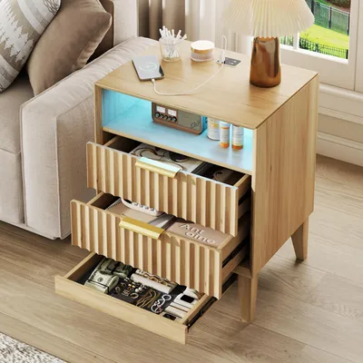 Produktbild von LVSOMT Nachttisch mit Ladestation u, versteckte Schublade mit RFID-Schloss, Nachttisch im Mid-Century-Modern-Stil für das Schlafzimmer