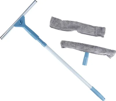 A window cleaning tool with an extendable handle and two microfiber cloths, displayed against a white background.