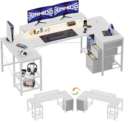 Produktbild von Gaming Schreibtisch Eckschreibtisch L-Form, 170x95cm mit LED-Beleuchtung, höhenverstellbarem Monitorständer, 3 Schubladen, 2 Steckdosen & 2 USB, Schreibtisch aus Stahl und Holz,Weiß