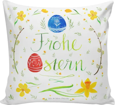 Produktbild von Mr. & Mrs. Panda 40x40 kissen Ostern Frohe Ostern - Weiß - Geschenk, Zierkissen, Ostergrüße, Dekokissen, Osterblume, für sofa, Deko, Bemalte Ostereier, Kuschelkissen