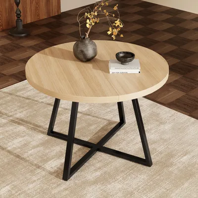 Image de Table à manger ronde à rallonges 100-140 x 100 cm pour 4 à 6 personnes, table de cuisine aspect chêne, stable, design industriel moderne, table à manger avec pieds en métal