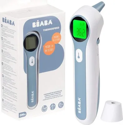 A Beaba Thermospeed infrared thermometer is shown next to its packaging.