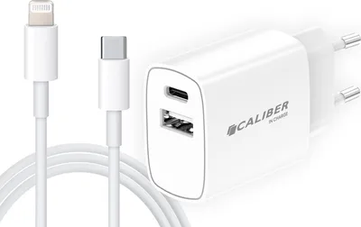 Image de Caliber Chargeur iPhone - Câble USB-C vers Lightning - Chargeur rapide 20 watts - Chargeur iPhone et iPad - USB-C et QC3.0 - 1,5 mètre - Noir (PSPQ-20CLW)