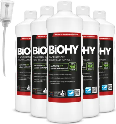 Produktbild von BiOHY Glaskeramik Kochfeldreiniger (6x1l Flasche) + Dosierer | Optimal zur Reinigung und Pflege von Kochfeld und Induktion | Geeignet für ALLE GERÄTE