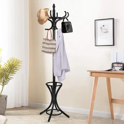 Produktbild von GOPLUS Garderobenständer 184cm, Garderobe aus Holz, Kleiderständer mit Schirmständer, Garderobe-Aufhänger mit 12 Kleiderhaken