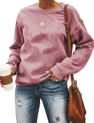 Produktbild von ASKSA Damen Pullover Rundhals Einfarbige Sweatshirt Herbst Winter Langarmshirt Casual Lose Oberteile, HellPink, L