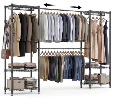 Obrázek produktu pro Stojací věšák, robustní, kovový, černý, rozměry 35 x (182-240) x 180 cm, 4 tyče na oblečení, 6 polic, teleskopicky výsuvný