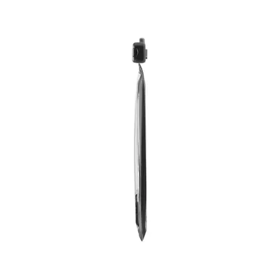 A close-up side view of a black and silver sewing needle with a black attachment at the top, isolated on a white background.