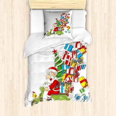 Produktbild von ABAKUHAUS Weihnachten Mantele, Sankt auf Motorrad, Milbensicher Allergiker geeignet mit Kissenbezügen, 135 cm x 200 cm - 80 x 80 cm, Weiß Grün und Rot