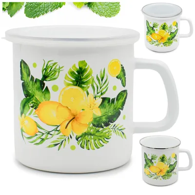 Zdjęcie produktu dla Kubek Emaliowany z Pokrywką 1,5L Cytryny Uniwersalny do Mleka Kawy 14cm
