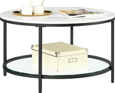 Produktbild von VASAGLE Couchtisch Wohnzimmertisch Sofatisch für Wohnzimmer mit Glasplatte viel Stauraum einfache Montage moderner Stil weiße Marmoroptik
