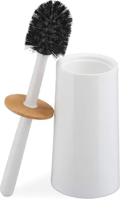 Produktbild von Famanu WC-Bürste mit Halter aus Kunststoff und Bambus - weiße Toilettenbürste mit Deckel