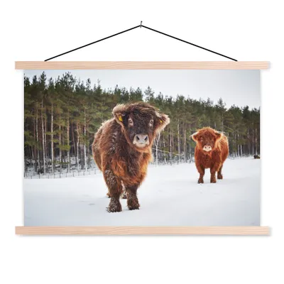 Produktbild von MuchoWow® Textilposter Schottische Highlander - Schnee - Kühe 60x40 cm mit holzfarbenen Rahmen - Bilder