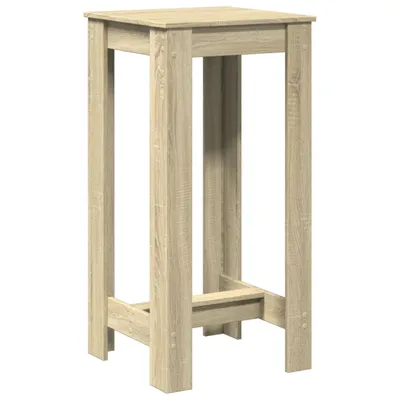 A tall, narrow bar table made of wood-look material, shown from the front on a white background.