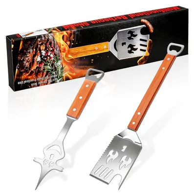 Produktbild von 2-in-1 Grillspatel-Set aus Edelstahl mit Holzgriff