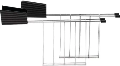 Two black and silver toaster racks are shown against a white background.