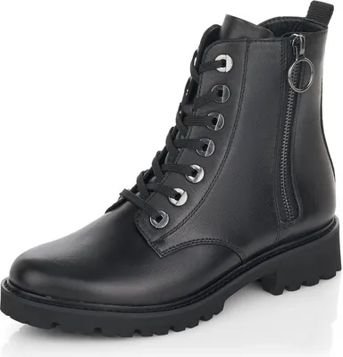 A black leather boot on a white background.