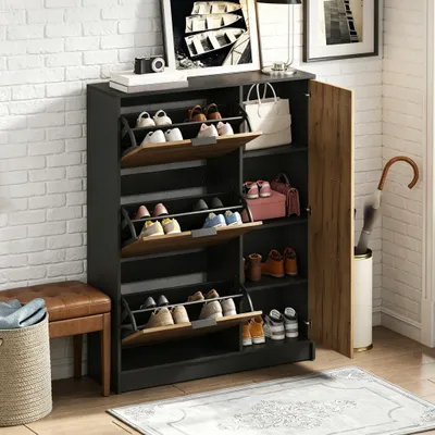 Immagine prodotto di Armadio per scarpe okwish con tre ante a ribalta, mobiletto per l'ingresso con ripiani, dimensioni 100x30x130 cm, realizzato in MDF, finitura naturale